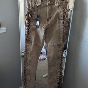 Brown Lace-Up Women Jeans